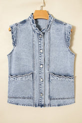 Women’s Denim Ruffled Scallop Button Front Patch Pocket Vest | Zarnesh
