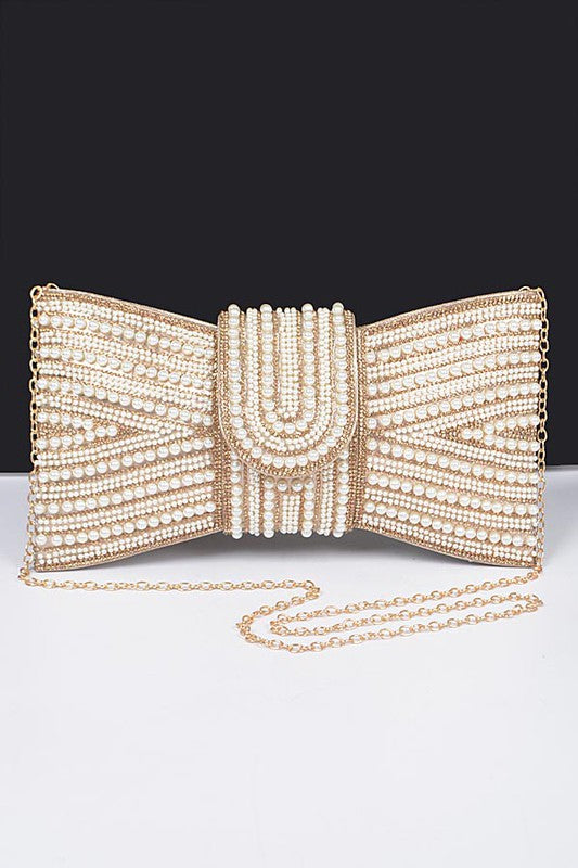 Women's Elegant Pearl Studded Bow Tie Evening Clutch Bag | Zarnesh