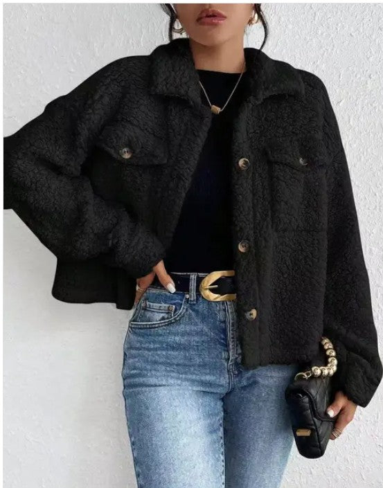 Women’s Faux Fur Fuzzy Collared Button Chest Pockets Jacket | Zarnesh