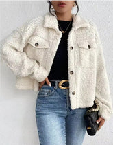 Women’s Faux Fur Fuzzy Collared Button Chest Pockets Jacket | Zarnesh