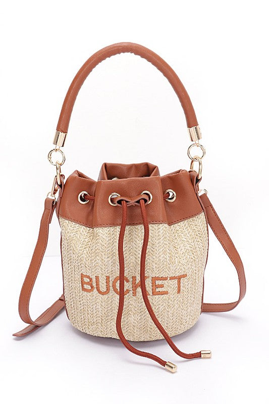 Women's Faux Straw Leather Accents Drawstring bucket bag | Zarnesh