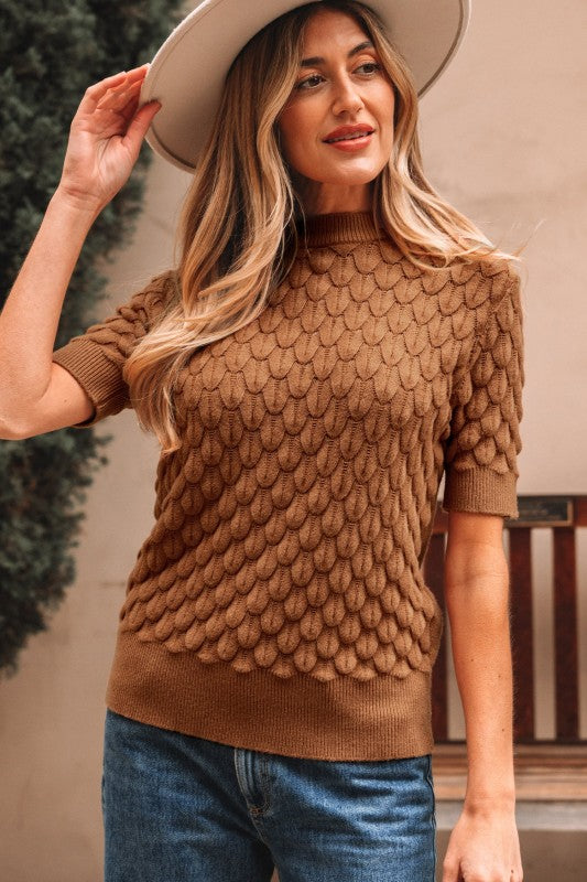 Women’s Fish Scale Textured Scallop Knit Short Sleeve Sweater | Zarnesh