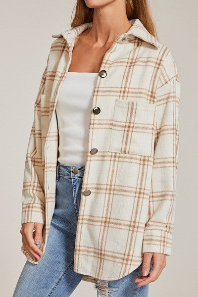 Women’s Flannel Plaid Button-Up Long Sleeve Shacket Jacket | Zarnesh