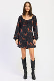 Women’s Floral Print Square Neckline Long Sleeve Mini Dress | Zarnesh