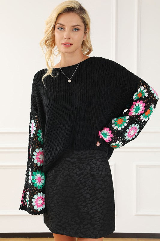 Women’s Floral Crochet Bell Sleeve Loose Pullover Sweater | Zarnesh