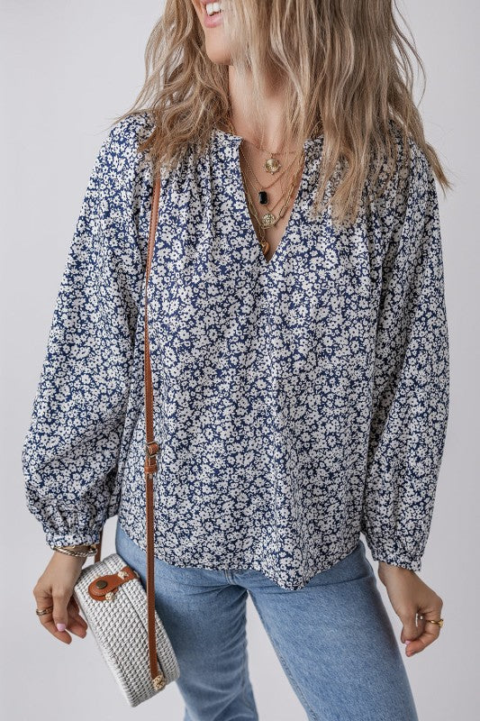 Women’s Floral Long Puff Sleeve V-Neck Blouse | Zarnesh