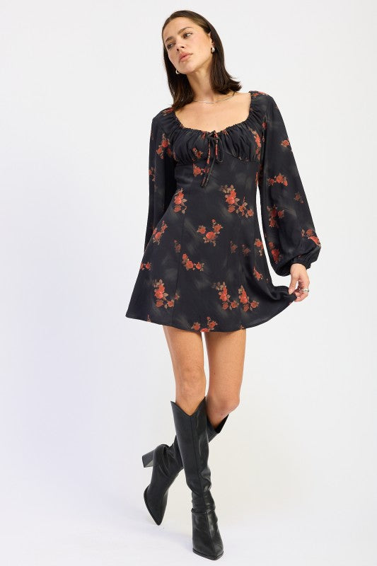 Women’s Floral Print Square Neckline Long Sleeve Mini Dress | Zarnesh