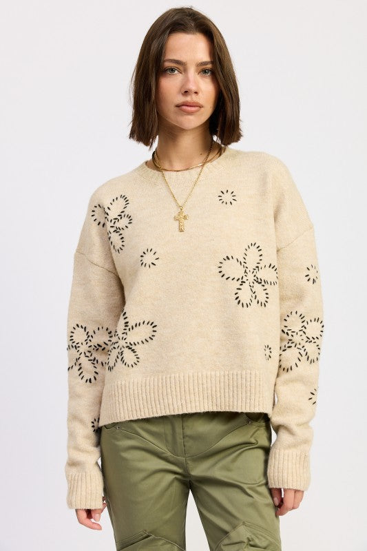 Women’s Floral Stitch Knit Pullover Whipstitch Flower Sweater | Zarnesh