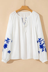 Women’s Floral V-Neck Embroidered Drawstring Blouse | Zarnesh