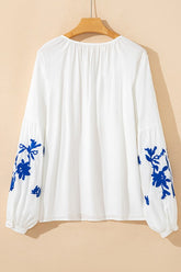 Women’s Floral V-Neck Embroidered Drawstring Blouse | Zarnesh