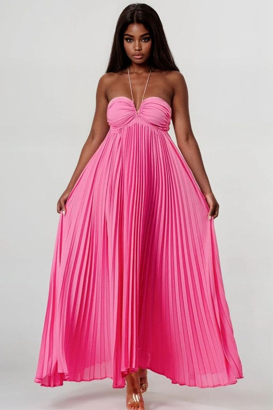 Women’s Flowy Pink Pleated Halter Strapless Maxi Dress | Zarnesh
