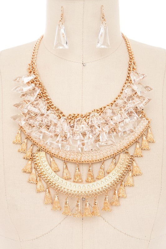 Women’s Fringe Clear Beads Statement Bib Necklace Set | Zarnesh