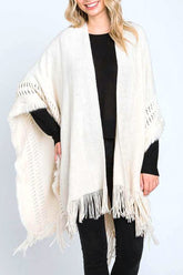 Women's Fringed Knit Poncho Cardigan Cozy Wrap Shawl | Zarnesh