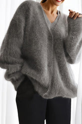 Women’s Fuzzy Solid V-Neck Mohair Knit Sweater Cardigan | Zarnesh