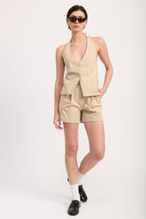 Women’s High Waisted Pleated Halter Vest Shorts Set | Zarnesh