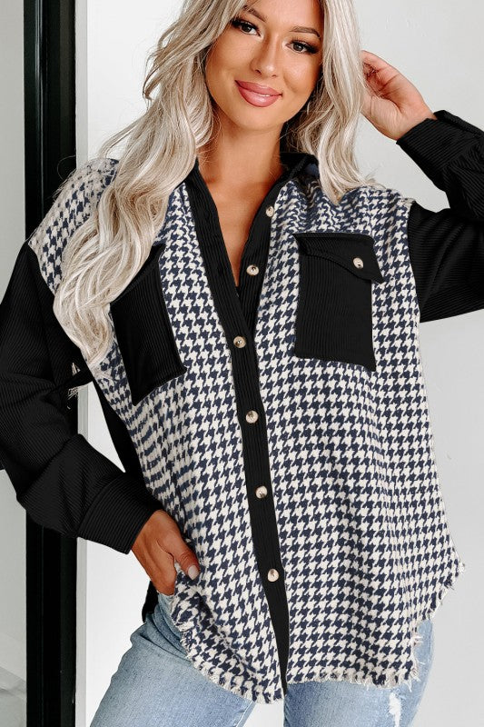 Women’s Houndstooth Patchwork Button Down Flap Pocket Jackets | Zarnesh