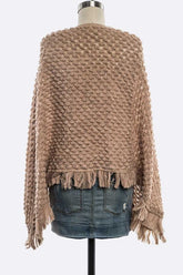 Women's Khaki Popcorn Open Knit Fringe Poncho | Zarnesh