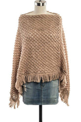 Women's Khaki Popcorn Open Knit Fringe Poncho | Zarnesh