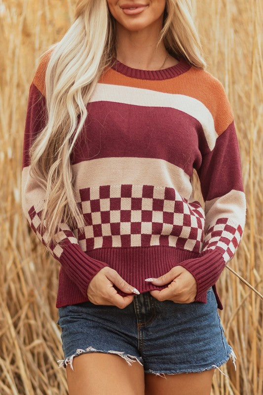 Women’s Knit Checker Colorblock Board Drop Shoulder Sweater | Zarnesh