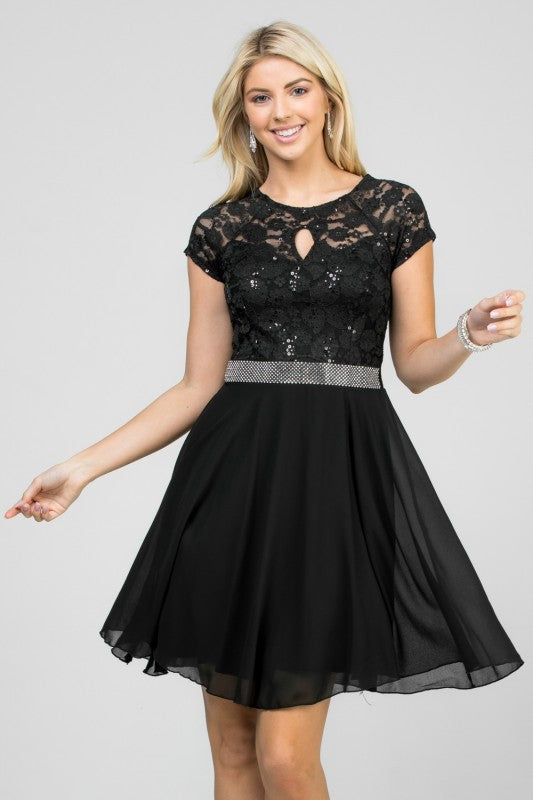 Women's Lace Sequin Rhinestone Waist Cape Sleeve Flare Dress | Zarnesh