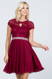 Women's Lace Sequin Rhinestone Waist Cape Sleeve Flare Dress | Zarnesh