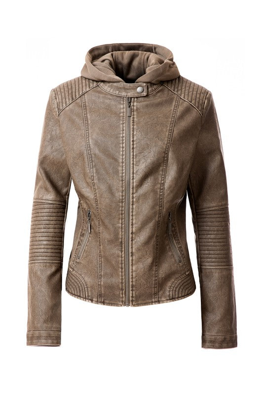 Women's Leather Faux Jacket Zip-Up Biker Hoodie Jacket | Zarnesh