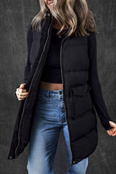 Women’s Long Puffer Quilted Solid Zip Up Vest | Zarnesh