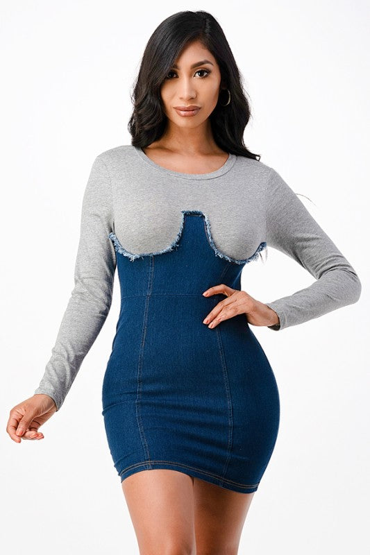 Women’s Long Sleeve Rib Fabric Denim Dress | Zarnesh