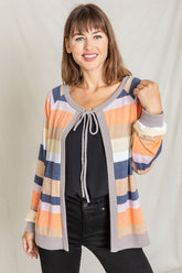Women's Multi Color Stripe Waffle Trim Open Cardigan | Zarnesh