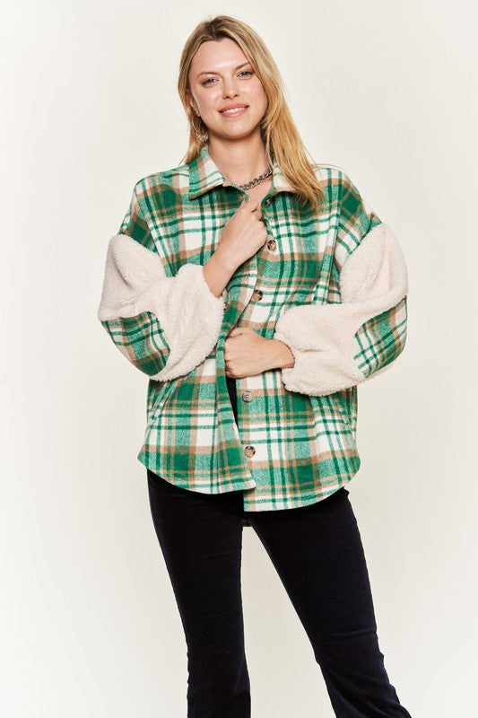 Women’s Multi Plaid Sherpa Fuzzy Sleeve Jacket | Zarnesh
