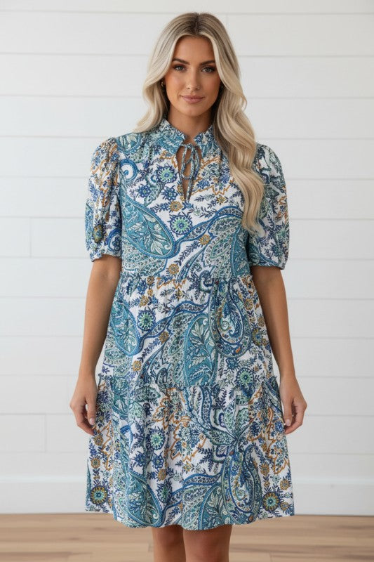 Women’s Paisley V Neck Puff Sleeve Mini Dress | Zarnesh