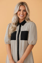 Women’s Patchwork Striped Chest Pocket Shirt Dress | Zarnesh