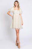 Women Fully Lined Puff Sleeves Pearl Mesh Babydoll Mini Dress Zarnesh