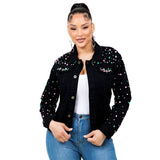 Women’s Pearls Rhinestone Black Denim Jacket | Zarnesh