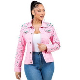 Women's Pearls Rhinestone Pink Denim Jacket Pink Green | Zarnesh