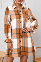 Women’s Plaid Collared Neck Ruffle Sleeve Shirt Dress | Zarnesh