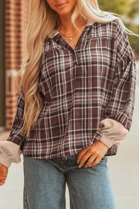 Women’s Plaid Long Sleeve Patchwork Quarter-Button Hooded Shirt | Zarnesh