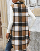 Women's Classic Plaid Longline Side Pockets Lapel Vest | Zarnesh
