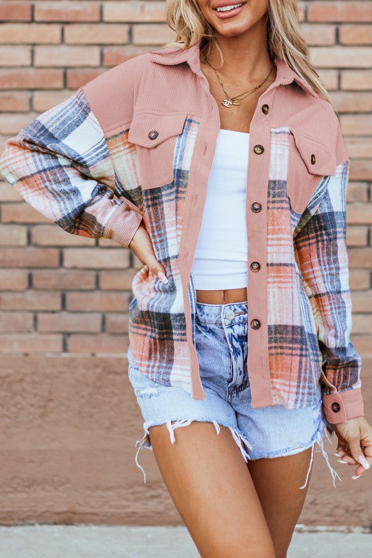 Women’s Plaid Patchwork Corduroy Button-Up Shacket | Zarnesh