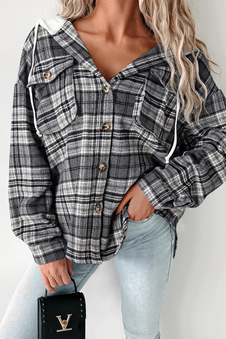 Women’s Plaid Pocketed Plaid Button Up Hooded Shacket | Zarnesh