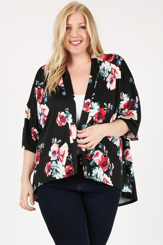 Women's Plus Floral Short Sleeve Open Front Cardigan | Zarnesh