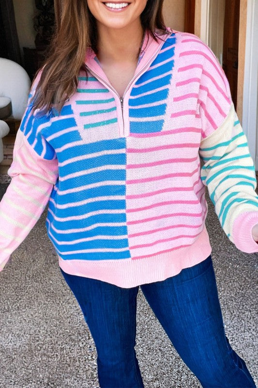 Women’s Plus Size Colorful Pastel Stripe Half Zip Sweater | Zarnesh