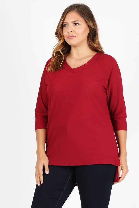 Women's Plus Size Knit V Neck Hi Low Pullover Top | Zarnesh