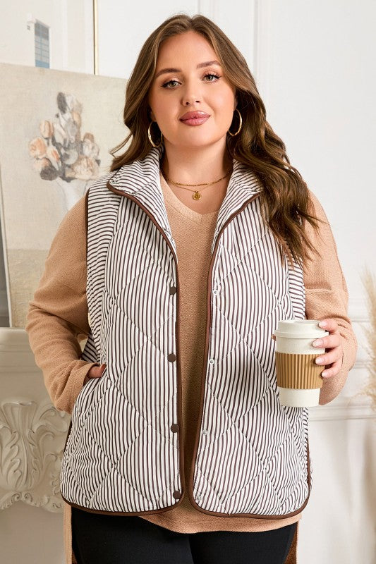 Women’s Plus Size Quilted Striped Snap Button Vest | Zarnesh