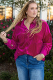 Women’s Plus Size Velvet Shirt Pocketed Fuchsia Button-Up Top | Zarnesh