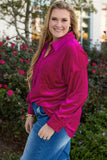 Women’s Plus Size Velvet Shirt Pocketed Fuchsia Button-Up Top | Zarnesh