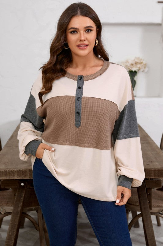 Women’s Plus Size Waffle Colorblock Henley Half-Button Top | Zarnesh