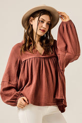 Women’s Plus V-Neck Cotton Bubble Sleeve Gauze Top | Zarnesh
