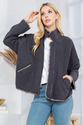 Women’s Quilted Pockets Mock Neck Trim Jacket | Zarnesh