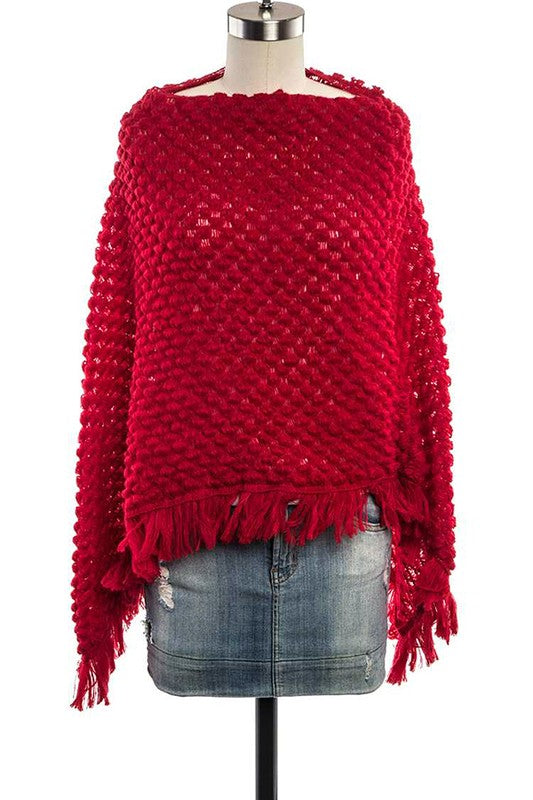 Women's Red Popcorn Knit Fringe Poncho | Zarnesh